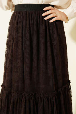 Bel Lastikli Çiçek Desenli Tül Etek Kahve - Etek