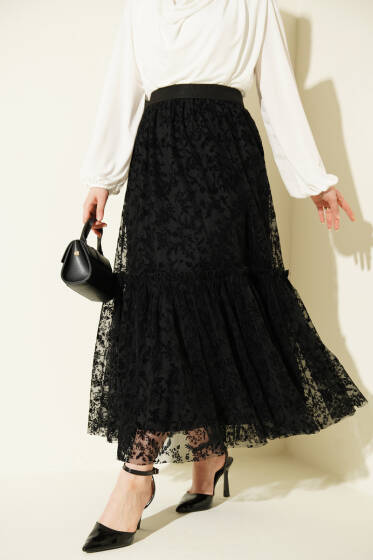 Bel Lastikli Çiçek Desenli Tül Etek Siyah - Etek