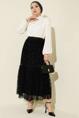 Bel Lastikli Çiçek Desenli Tül Etek Siyah - Etek