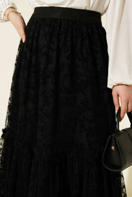 Bel Lastikli Çiçek Desenli Tül Etek Siyah - Etek