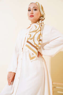 Bel Lastikli Çİft Cepli Elbise Bej - Tesettür Elbise