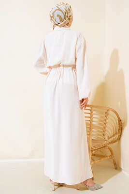 Bel Lastikli Çİft Cepli Elbise Bej - Tesettür Elbise