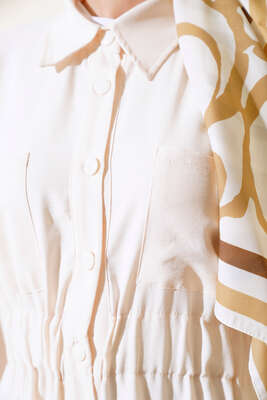 Bel Lastikli Çİft Cepli Elbise Bej - Tesettür Elbise