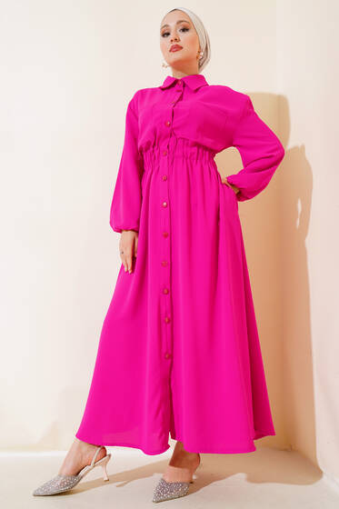 Bel Lastikli Çİft Cepli Elbise Fuşya - Elbise