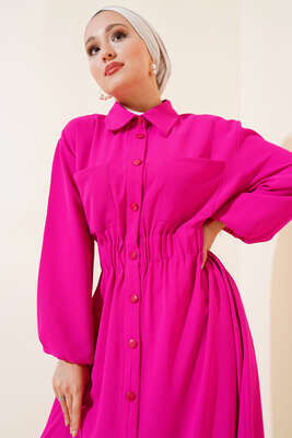 Bel Lastikli Çİft Cepli Elbise Fuşya - Tesettür Elbise