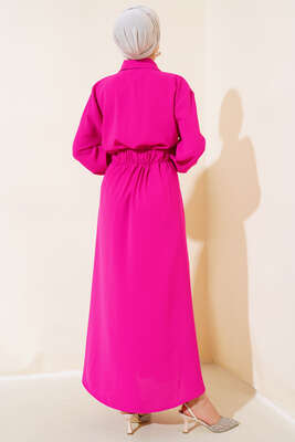 Bel Lastikli Çİft Cepli Elbise Fuşya - Tesettür Elbise