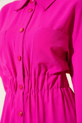 Bel Lastikli Çİft Cepli Elbise Fuşya - Tesettür Elbise