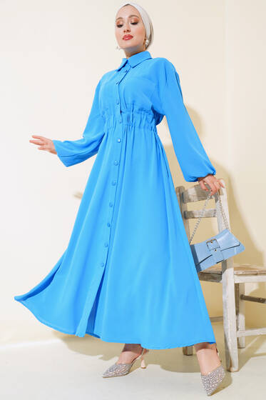 Bel Lastikli Çİft Cepli Elbise Mavi - Elbise