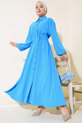 Bel Lastikli Çİft Cepli Elbise Mavi 