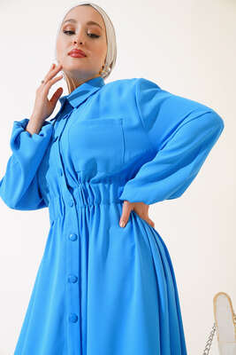 Bel Lastikli Çİft Cepli Elbise Mavi - Tesettür Elbise