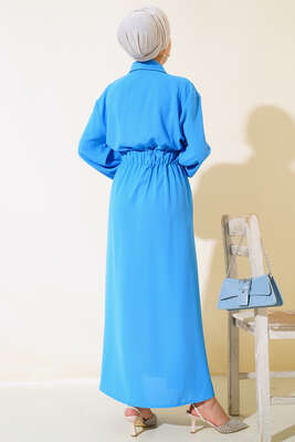 Bel Lastikli Çİft Cepli Elbise Mavi - Tesettür Elbise