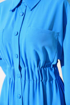 Bel Lastikli Çİft Cepli Elbise Mavi - Tesettür Elbise