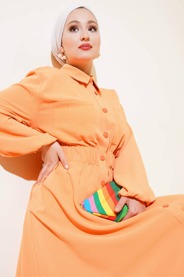 Bel Lastikli Çİft Cepli Elbise Oranj - Elbise
