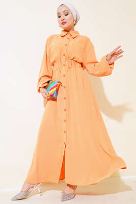 Bel Lastikli Çİft Cepli Elbise Oranj - Tesettür Elbise