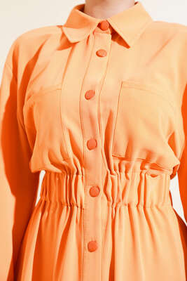 Bel Lastikli Çİft Cepli Elbise Oranj - Tesettür Elbise