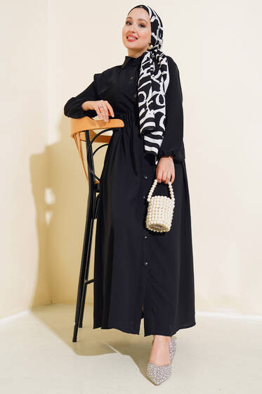Bel Lastikli Çİft Cepli Elbise Siyah - Elbise