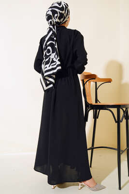 Bel Lastikli Çİft Cepli Elbise Siyah - Tesettür Elbise
