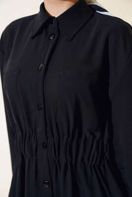 Bel Lastikli Çİft Cepli Elbise Siyah - Tesettür Elbise