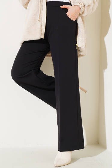 Bel Lastikli Çift Cepli Pantolon Siyah - Pantolon