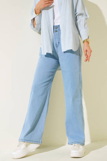 Bel Lastikli Çift Düğmeli Kot Pantolon Mavi - Pantolon