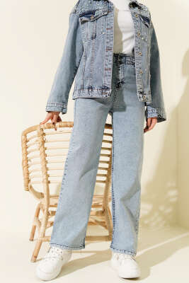 Bel Lastikli Çift Düğmeli Kot Pantolon Mavi - Pantolon