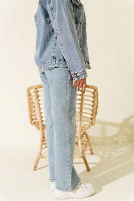 Bel Lastikli Çift Düğmeli Kot Pantolon Mavi - Pantolon