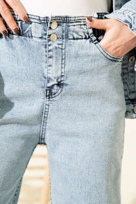 Bel Lastikli Çift Düğmeli Kot Pantolon Mavi - Pantolon