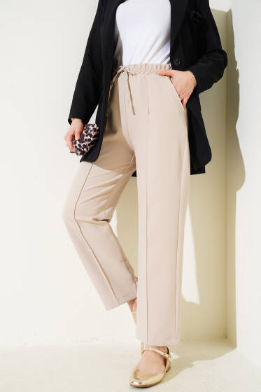 Bel Lastikli Çımalı Bol Paça Pantolon Bej - Pantolon