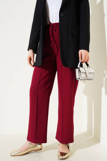 Bel Lastikli Çımalı Bol Paça Pantolon Bordo - Pantolon