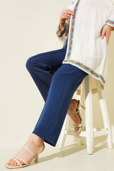 Bel Lastikli Çımalı Bol Paça Pantolon Indıgo - Pantolon