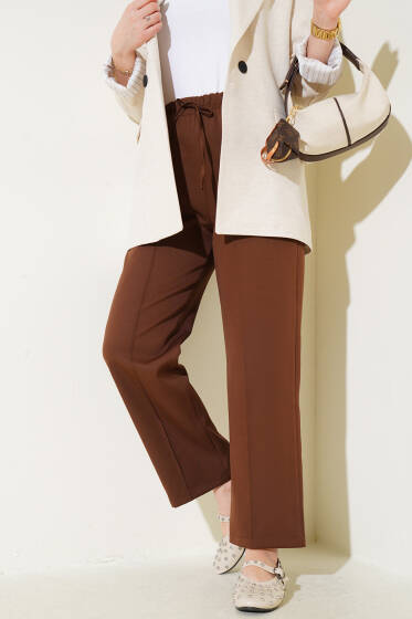 Bel Lastikli Çımalı Bol Paça Pantolon Kahve - Pantolon