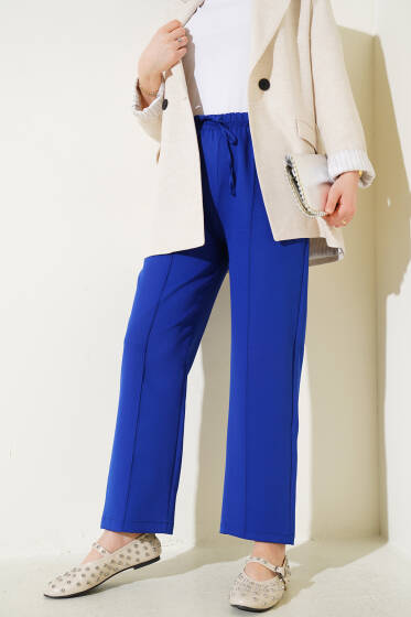 Bel Lastikli Çımalı Bol Paça Pantolon Saks - Pantolon