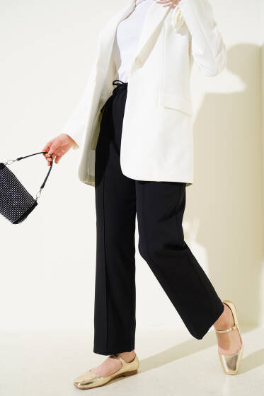 Bel Lastikli Çımalı Bol Paça Pantolon Siyah - Pantolon