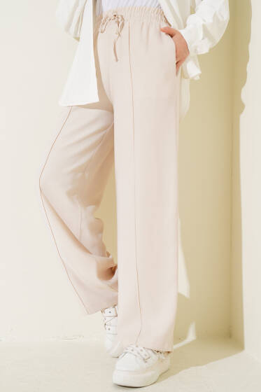 Bel Lastikli Çımalı Geniş Paça Pantolon Bej - Pantolon