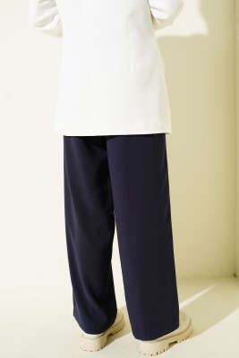 Bel Lastikli Çımalı Geniş Paça Pantolon Lacivert - Pantolon