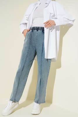 Bel Lastikli Çımalı Kot Pantolon Buz Mavisi 