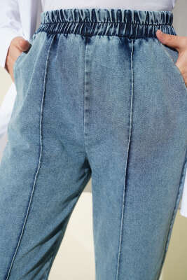 Bel Lastikli Çımalı Kot Pantolon Buz Mavisi - Pantolon