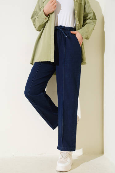 Bel Lastikli Çımalı Kot Pantolon Lacivert - Pantolon