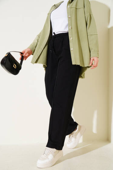 Bel Lastikli Çımalı Kot Pantolon Siyah - Pantolon