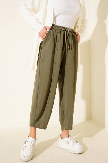 Bel Lastikli Çımalı Loyşa Pantolon Haki - Pantolon