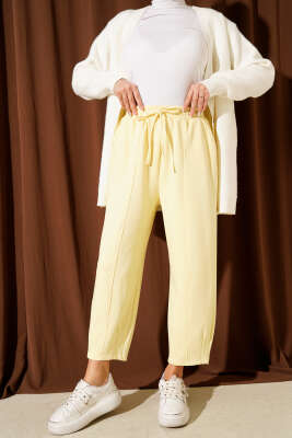 Bel Lastikli Çımalı Loyşa Pantolon Sarı - PİYES COLLECTİON
