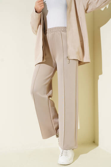 Bel Lastikli Çımalı Scuba Pantolon Bej - Pantolon