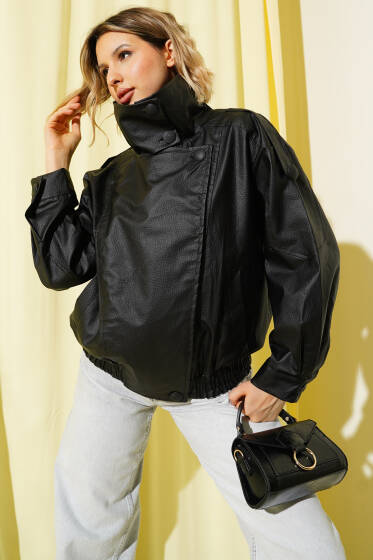 Bel Lastikli Çıtçıtlı Deri Ceket Siyah - Kadın Giyim Modelleri