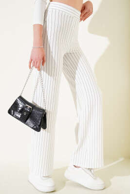 Bel Lastikli Çizgili Baggy Pantolon Beyaz - Kadın Giyim Modelleri