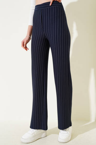 Bel Lastikli Çizgili Baggy Pantolon Lacivert - Kadın Giyim Modelleri