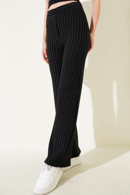 Bel Lastikli Çizgili Baggy Pantolon Siyah - Kadın Giyim Modelleri