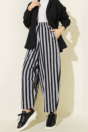Bel Lastikli Çizgili Poplin Pantolon Gri - Pantolon