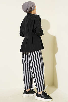Bel Lastikli Çizgili Poplin Pantolon Gri - Pantolon