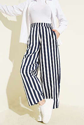 Bel Lastikli Çizgili Poplin Pantolon Lacivert - ZARX JNS
