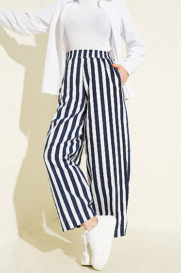 Bel Lastikli Çizgili Poplin Pantolon Lacivert - Pantolon